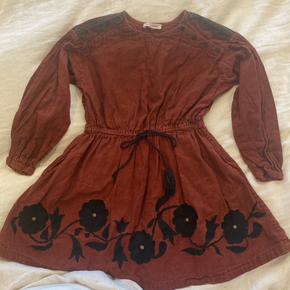 Caramel London dress linen cotton embroidered long sleeve waist tie pockets